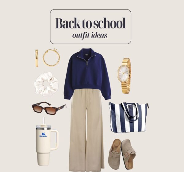 College student in a navy front-zip sweater, beige wide-leg elastic pants, striped tote bag, clog sandals, and minimal jewelry