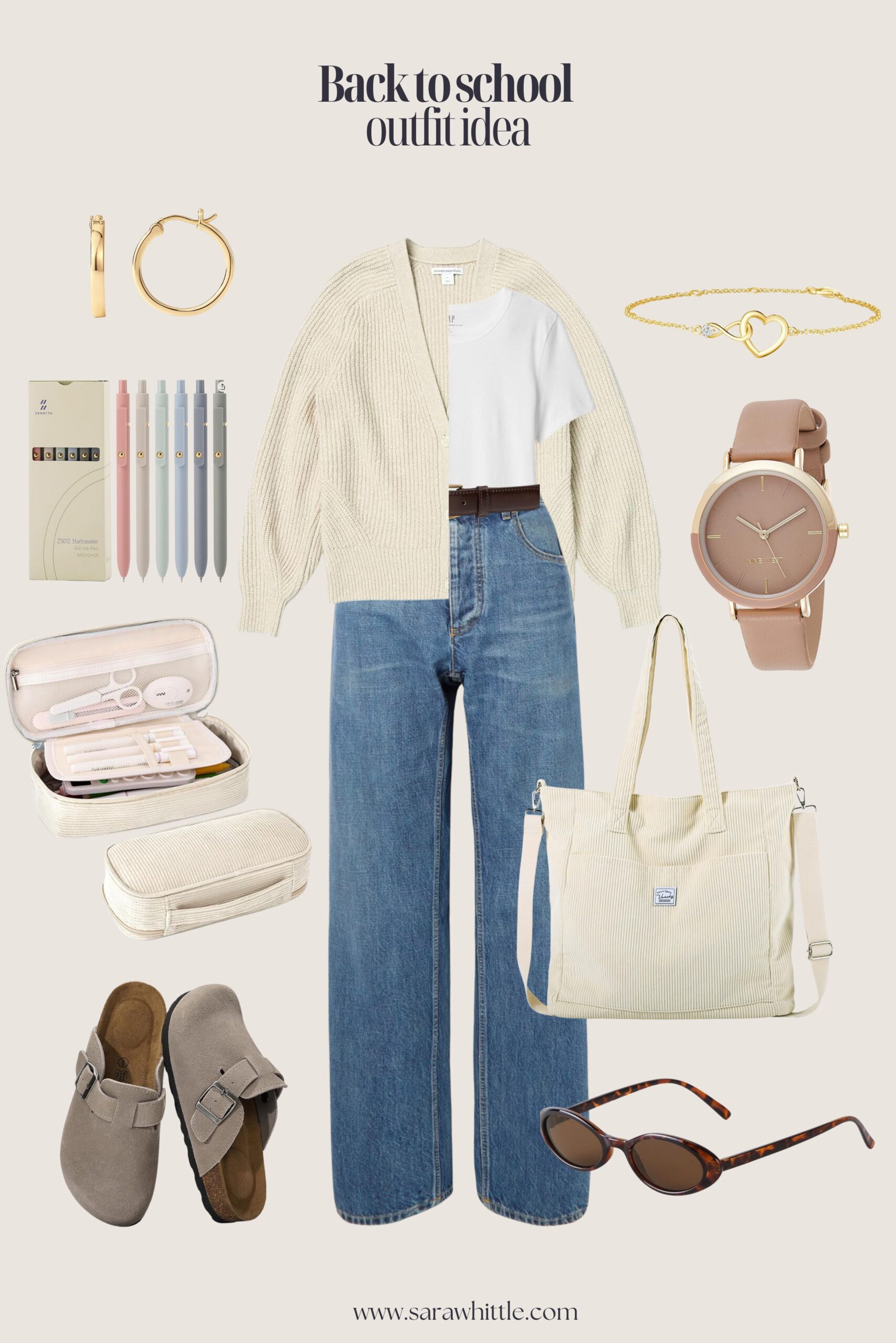 College student wearing oversized cardigan, wide-leg jeans, and clogs