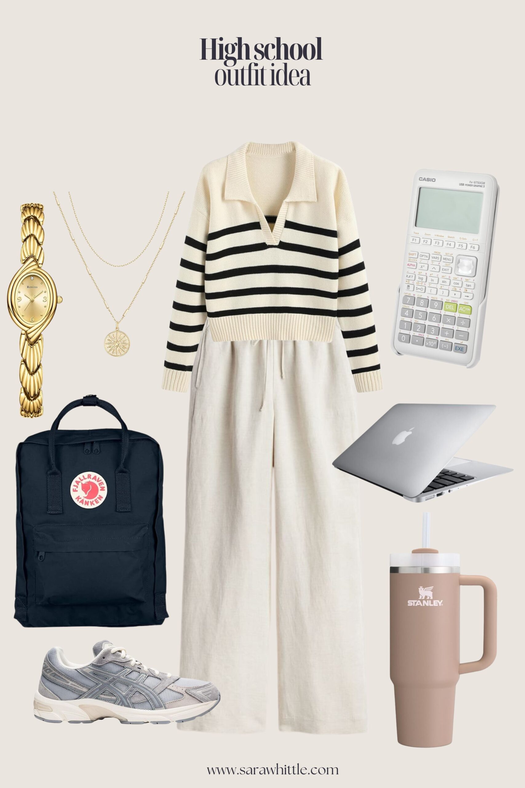 College student wearing a striped V-neck sweater, beige linen pants, Asics Gel sneakers, a navy backpack, and minimal gold jewelry