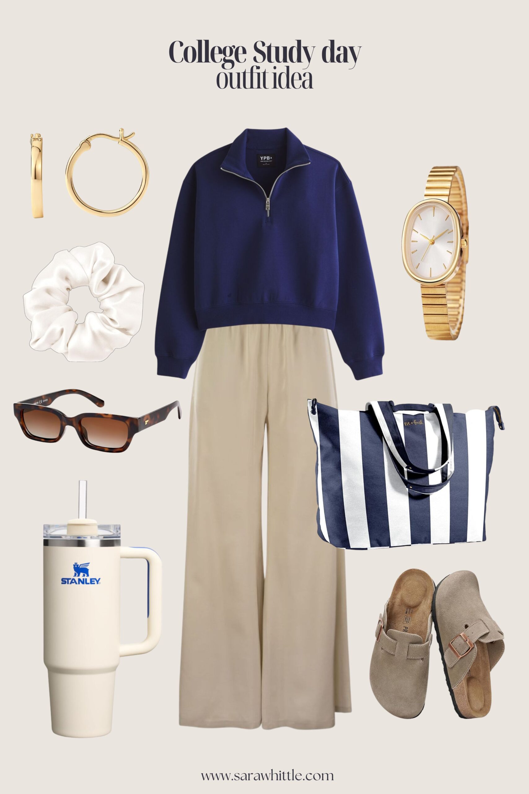 College student in a navy front-zip sweater, beige wide-leg elastic pants, striped tote bag, clog sandals, and minimal jewelry