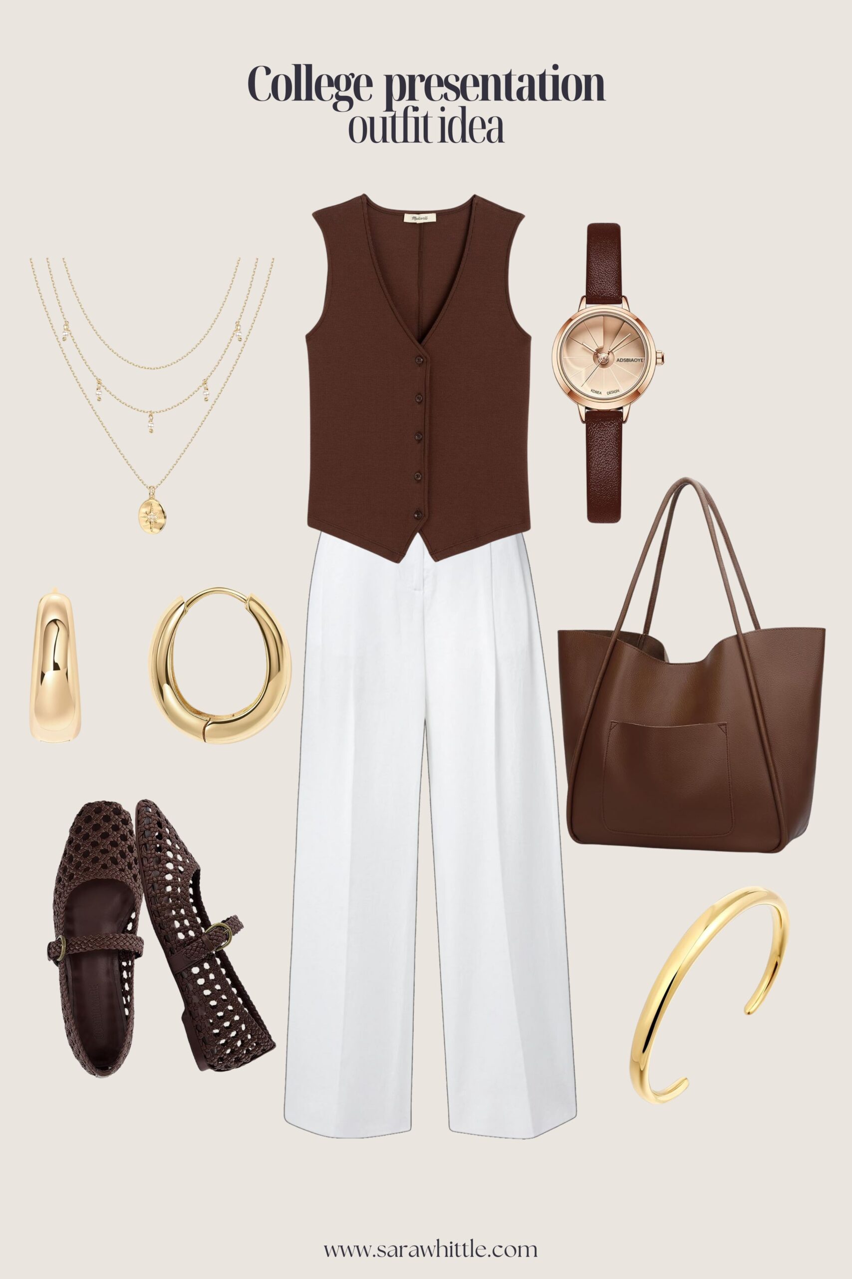 College student wearing white wide-leg pants, a brown vest, woven ballet flats, and minimal gold jewelry—perfect for a class presentation