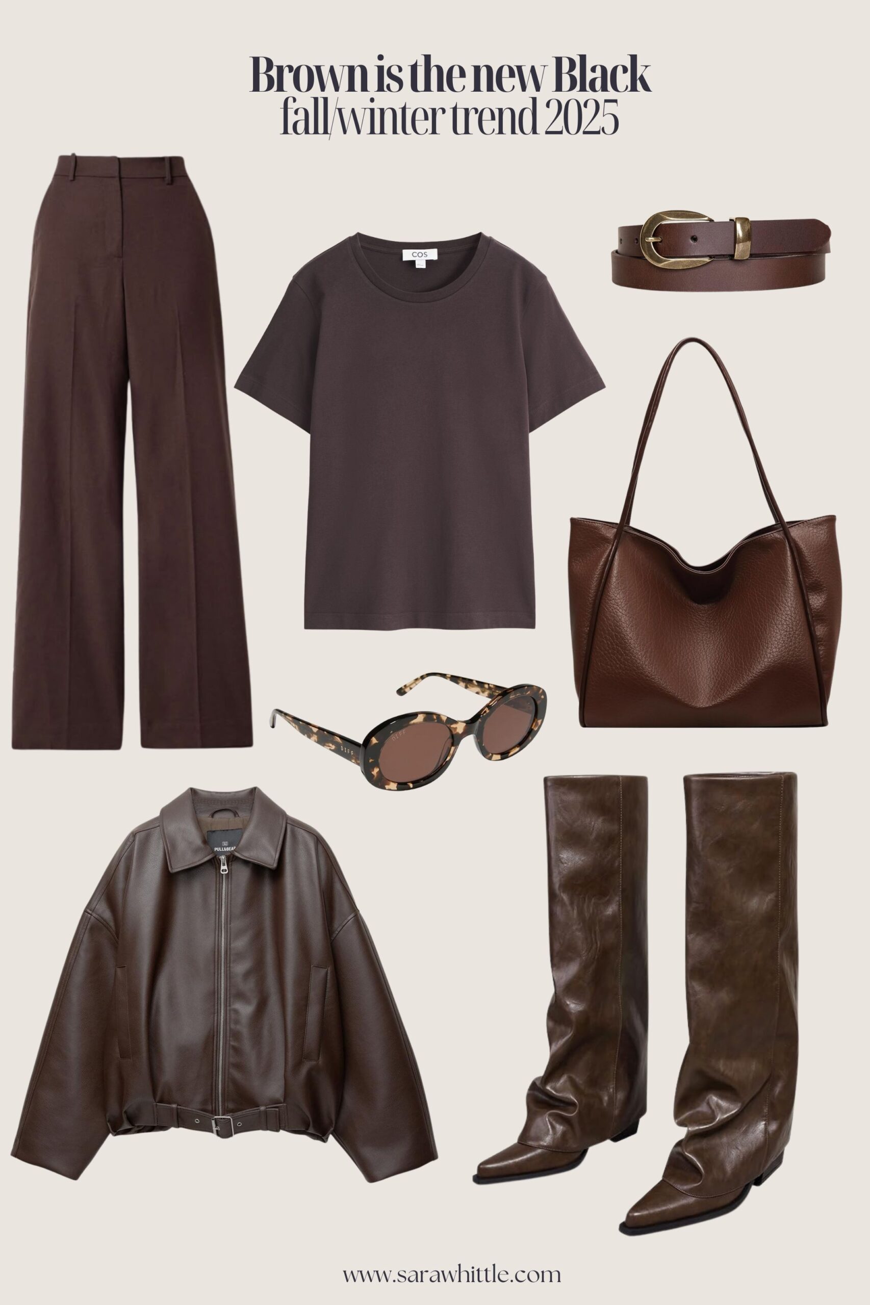 Trends 2025 (1) A woman wearing a monochrome brown outfit in shades of mocha and caramel, standing against a neutral background. Her look features layered textures like wool and leather, capturing the rich, elegant, and versatile feel of the season's trending color — brown.