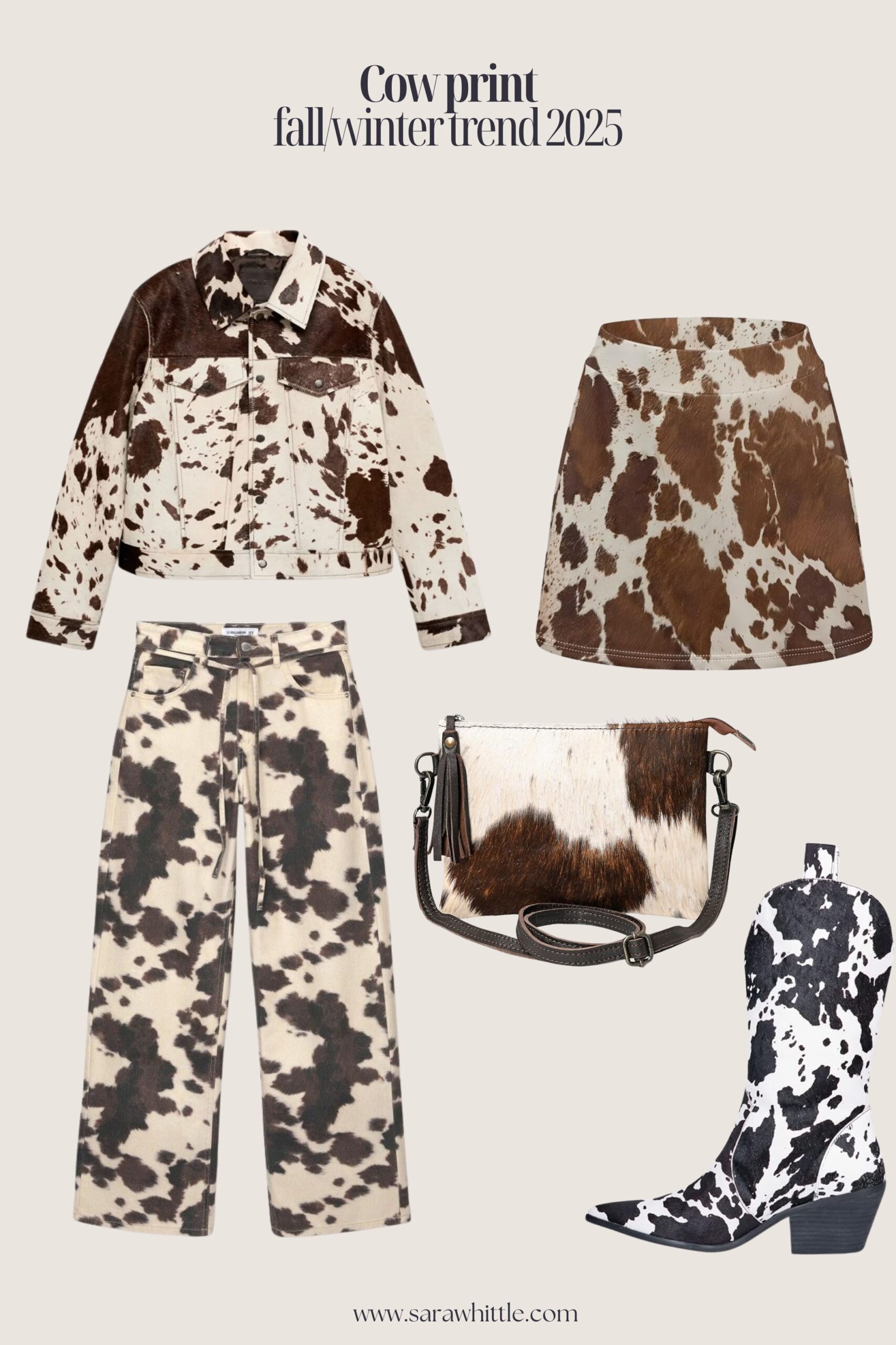 Trends 2025 A stylish brown-beige cow print handbag placed on a neutral-toned outfit, showcasing the modern, elegant take on the early 2000s cow print trend. The pattern is subtle with faux-fur texture, reflecting a mature and bold fashion choice.